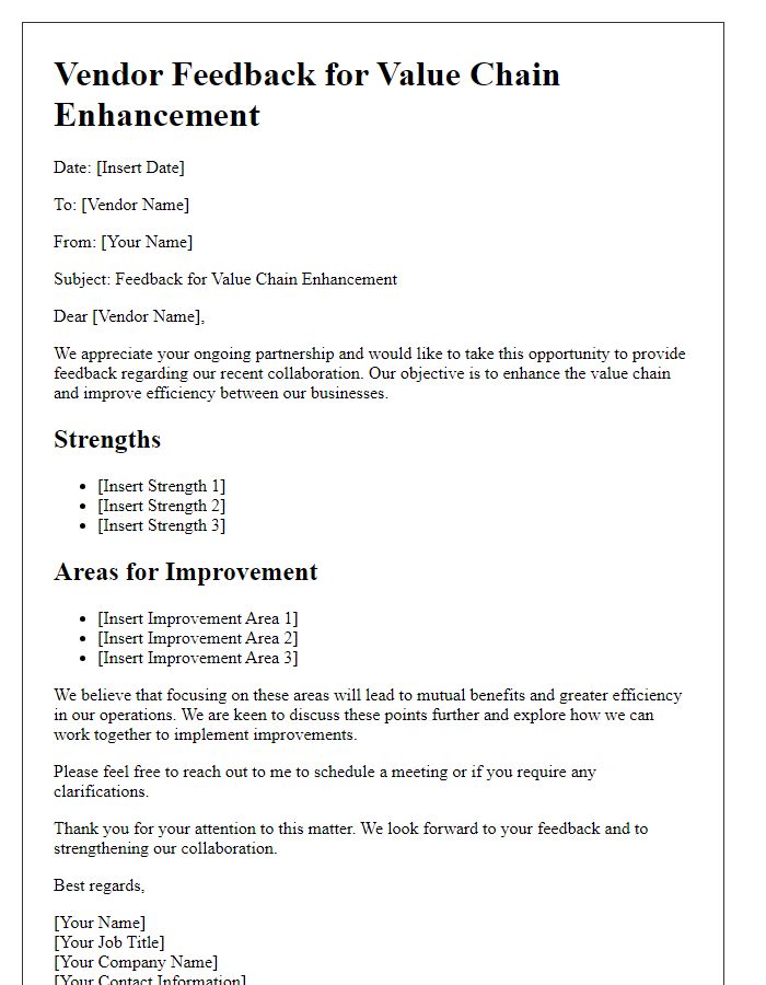 Letter template of feedback for vendor value chain enhancement