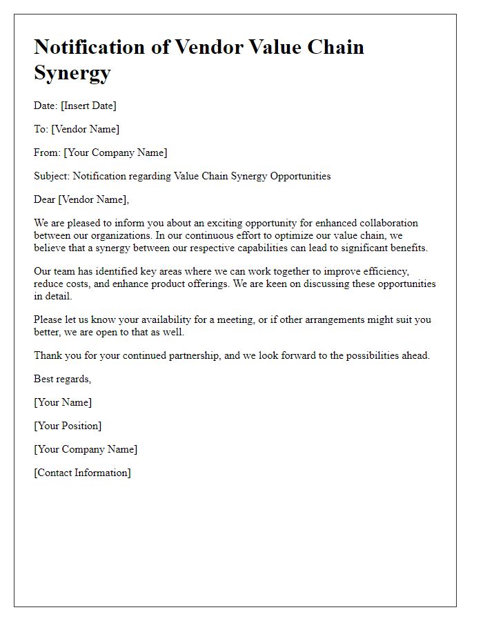 Letter template of notification for vendor value chain synergy