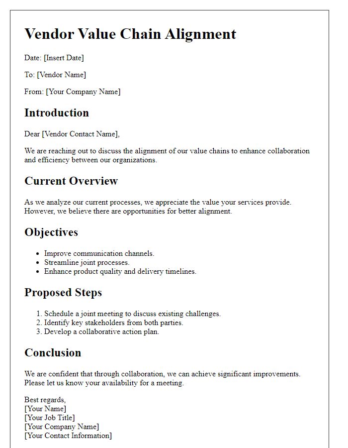 Letter template of outline for vendor value chain alignment