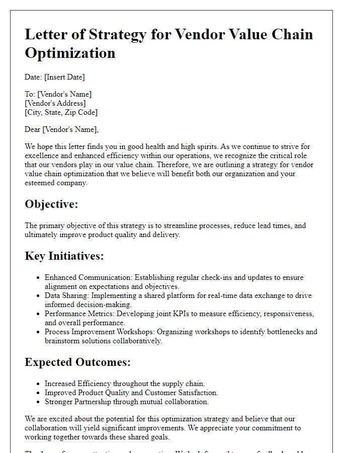 Letter template of strategy for vendor value chain optimization