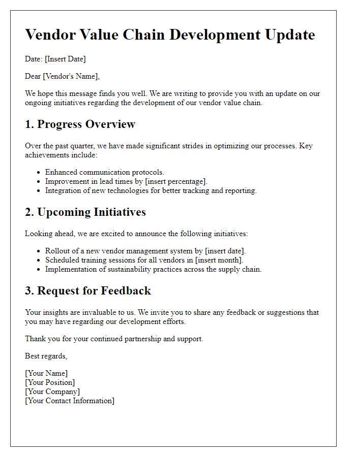 Letter template of update on vendor value chain development