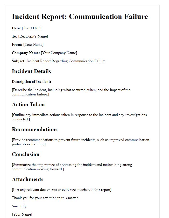 Letter template of subcontractor incident report for communication failure