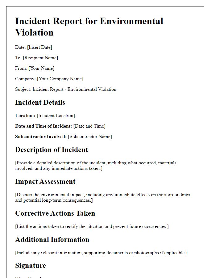 Letter template of subcontractor incident report for environmental violation