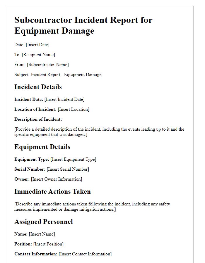 Letter template of subcontractor incident report for equipment damage