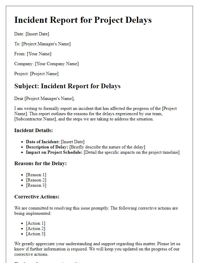 Letter template of subcontractor incident report for project delays