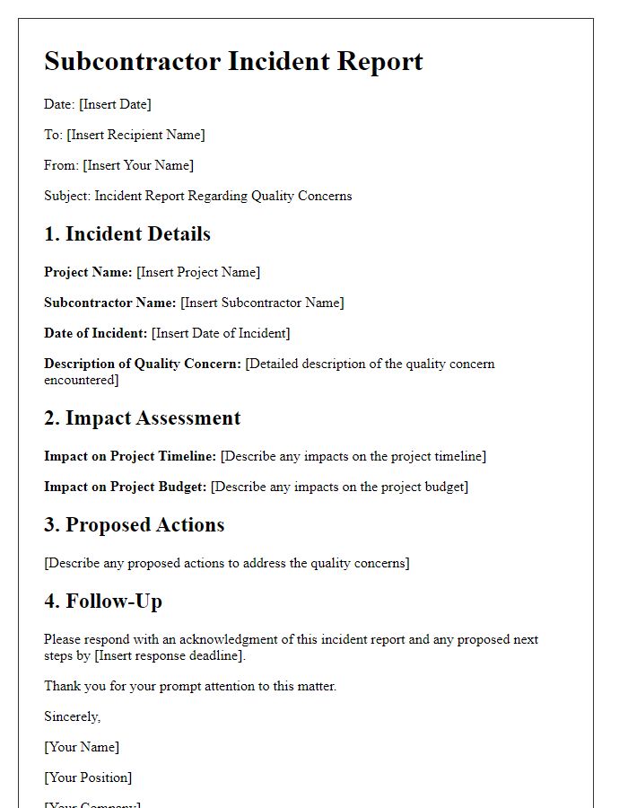 Letter template of subcontractor incident report for quality concerns