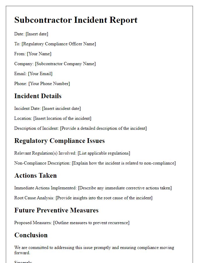 Letter template of subcontractor incident report for regulatory compliance issue