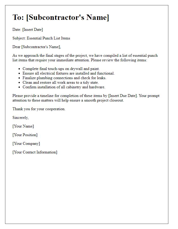 Letter template of essential punch list items for subcontractors.