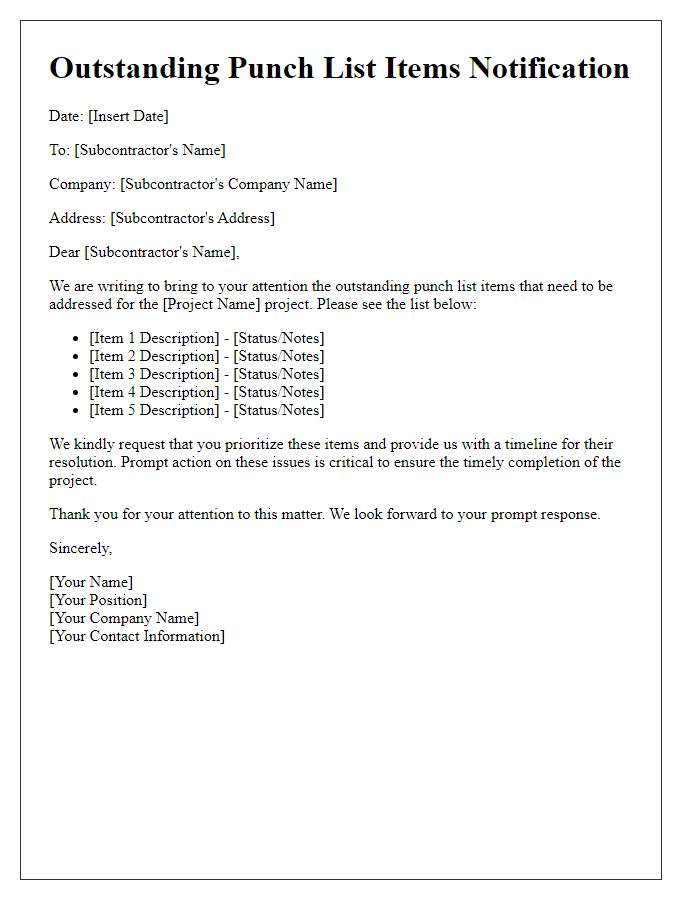 Letter template of outstanding punch list items for subcontractors.