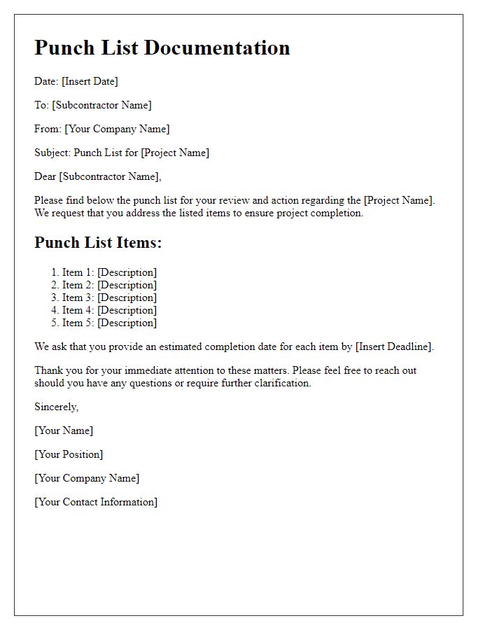 Letter template of punch list documentation for subcontractor review.