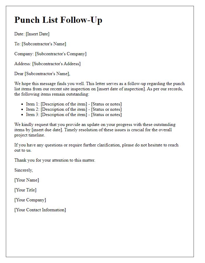 Letter template of punch list follow-up for subcontractor compliance.