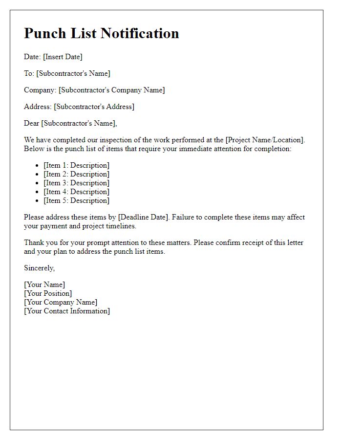 Letter template of punch list items for subcontractors completion.