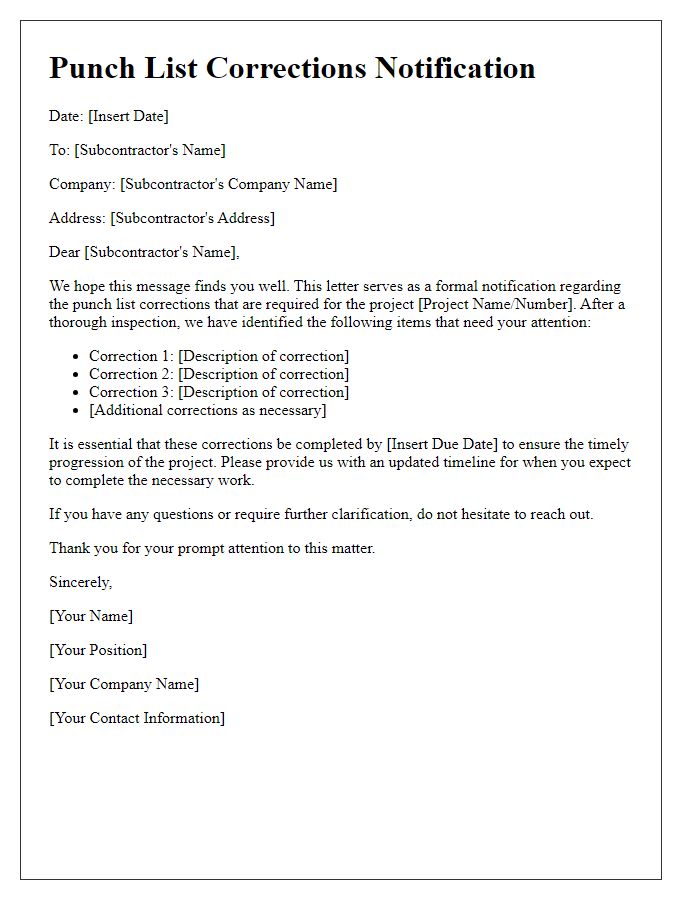 Letter template of required punch list corrections for subcontractors.