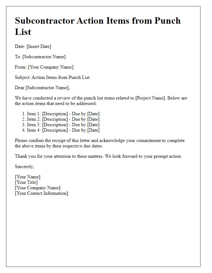 Letter template of subcontractor action items from punch list.