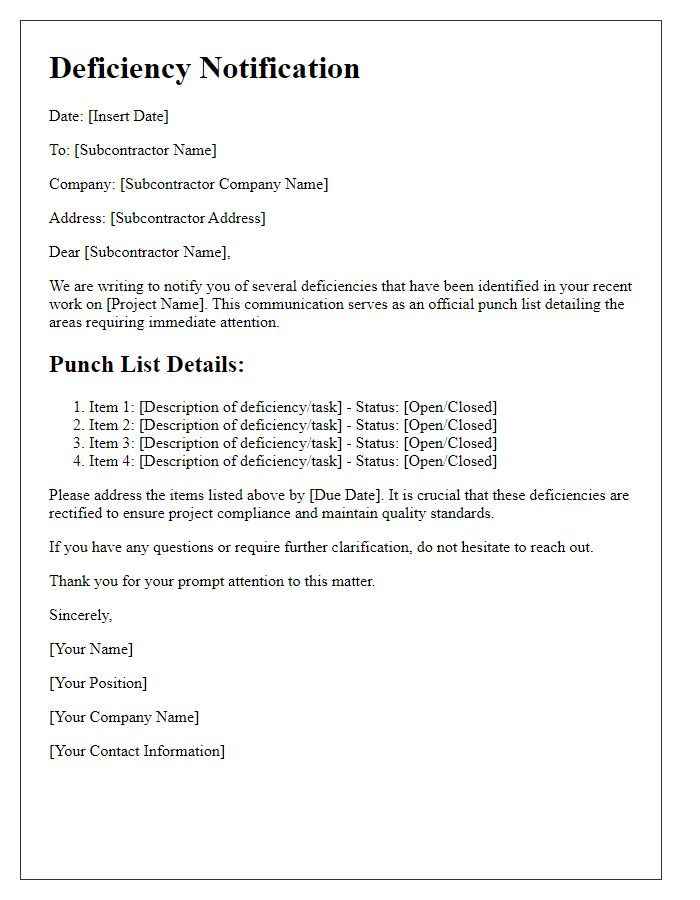 Letter template of subcontractor deficiencies and punch list details.