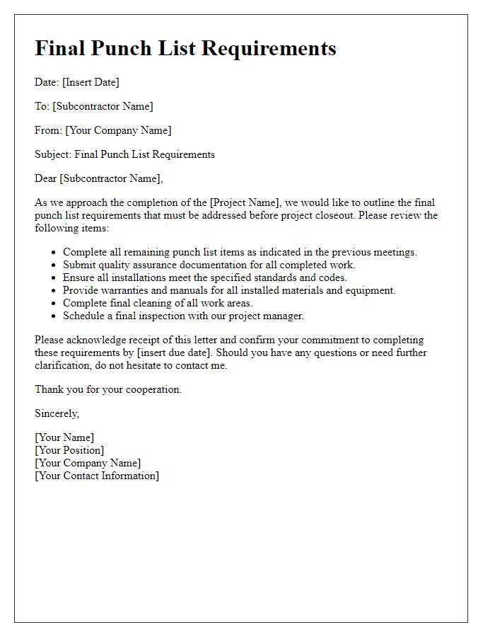 Letter template of subcontractor final punch list requirements.