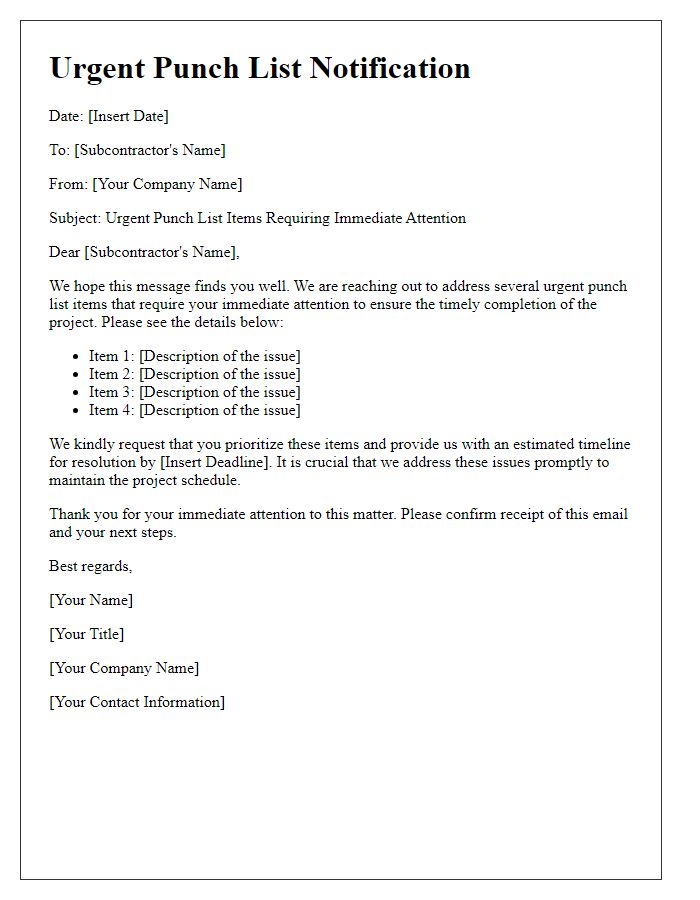 Letter template of urgent punch list items requiring subcontractor attention.