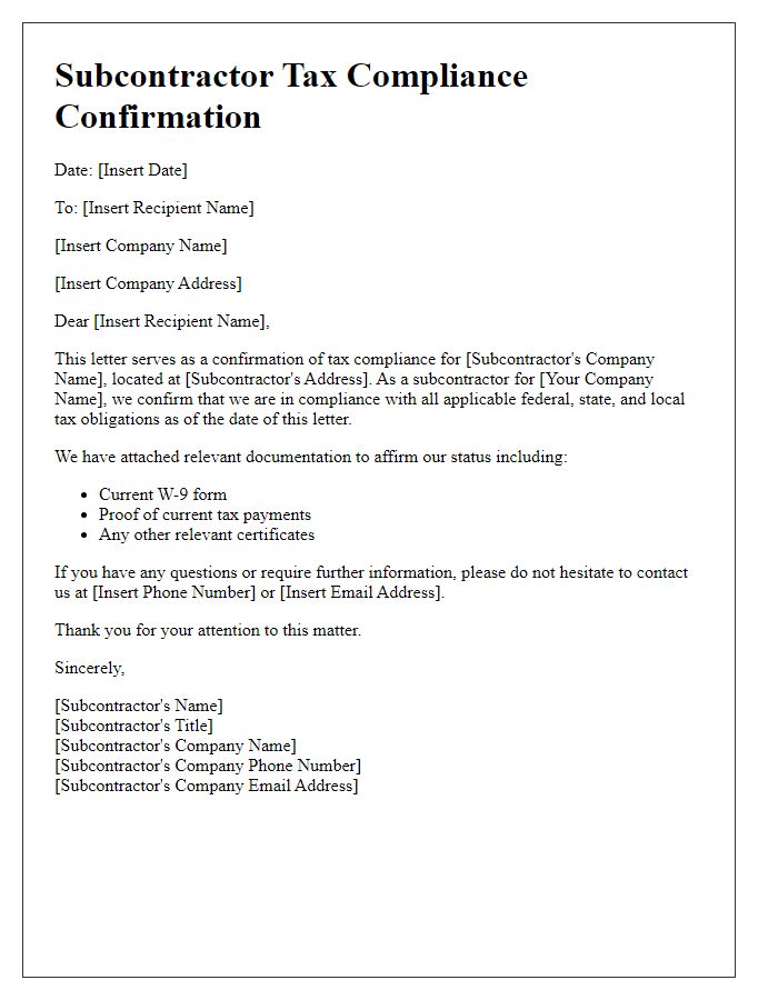 Letter template of subcontractor tax compliance confirmation.