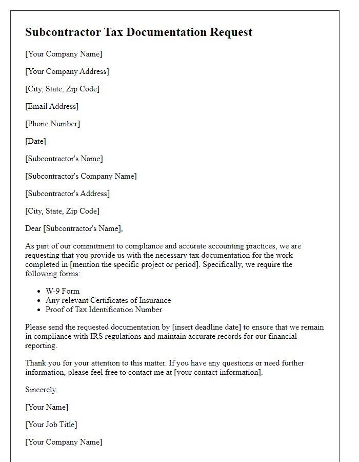 Letter template of subcontractor tax documentation request.