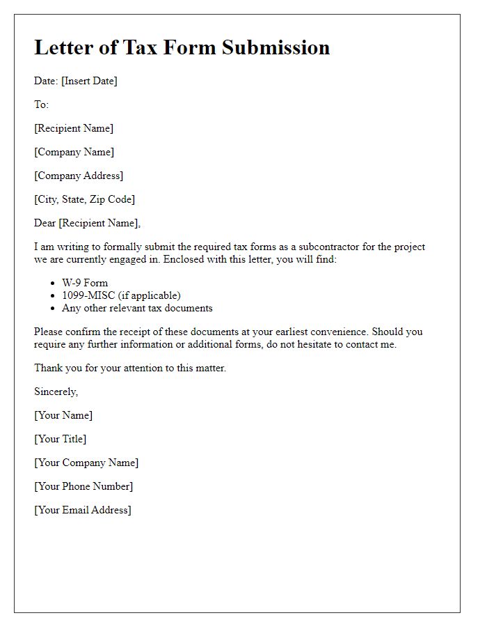 Letter template of subcontractor tax form submission.