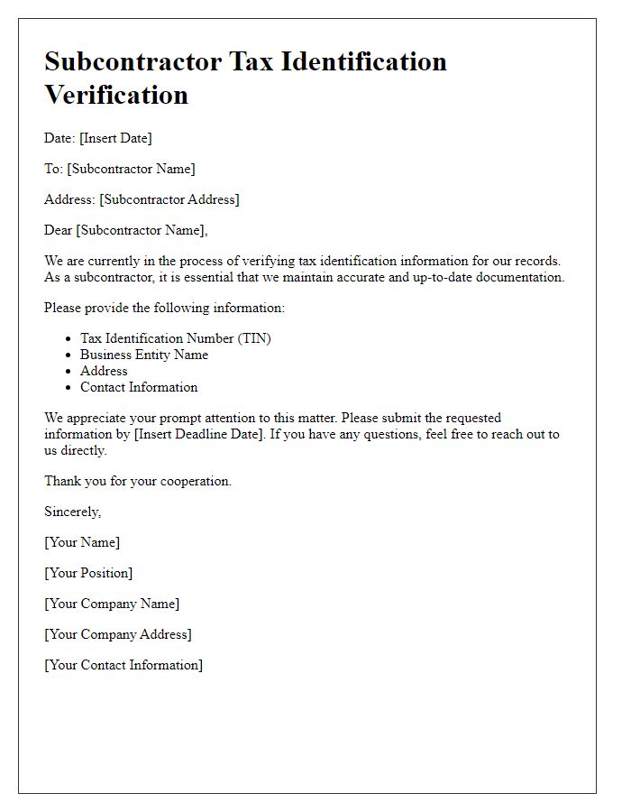 Letter template of subcontractor tax identification verification.