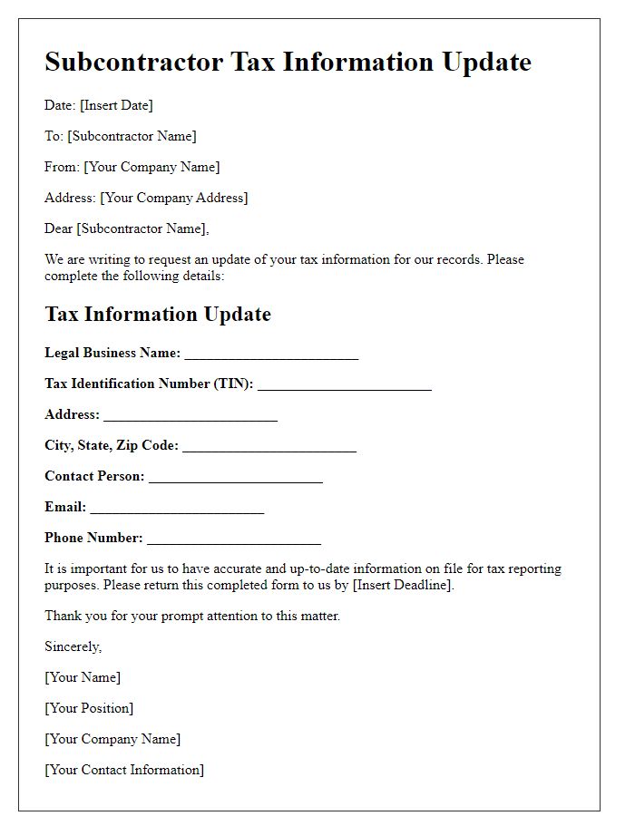 Letter template of subcontractor tax information update.