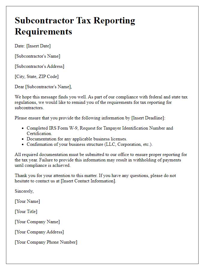 Letter template of subcontractor tax reporting requirements.