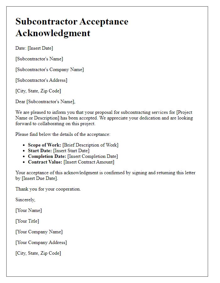 Letter template of subcontractor acceptance acknowledgment