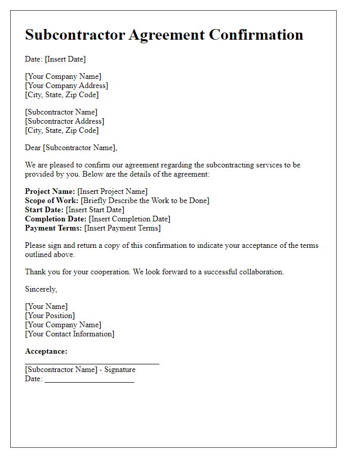 Letter template of subcontractor agreement confirmation