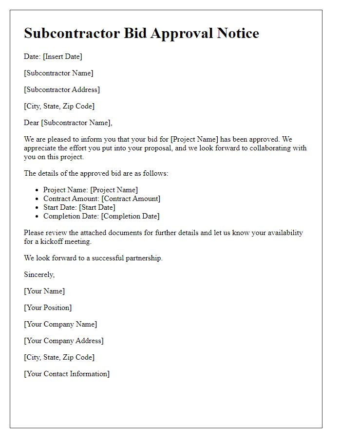 Letter template of subcontractor bid approval notice