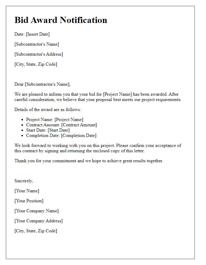 Letter template of subcontractor bid award notification