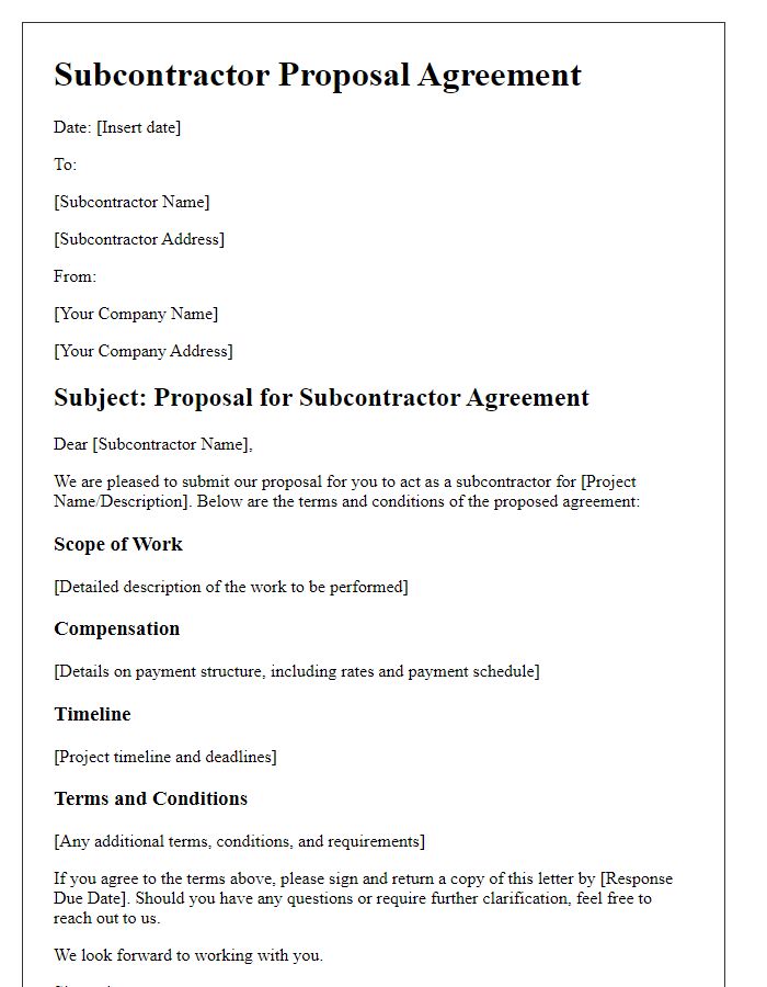 Letter template of subcontractor proposal agreement