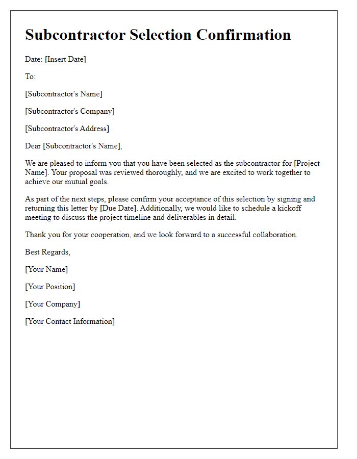 Letter template of subcontractor selection confirmation