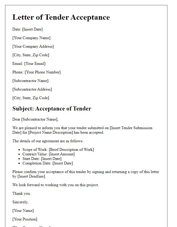 Letter template of subcontractor tender acceptance