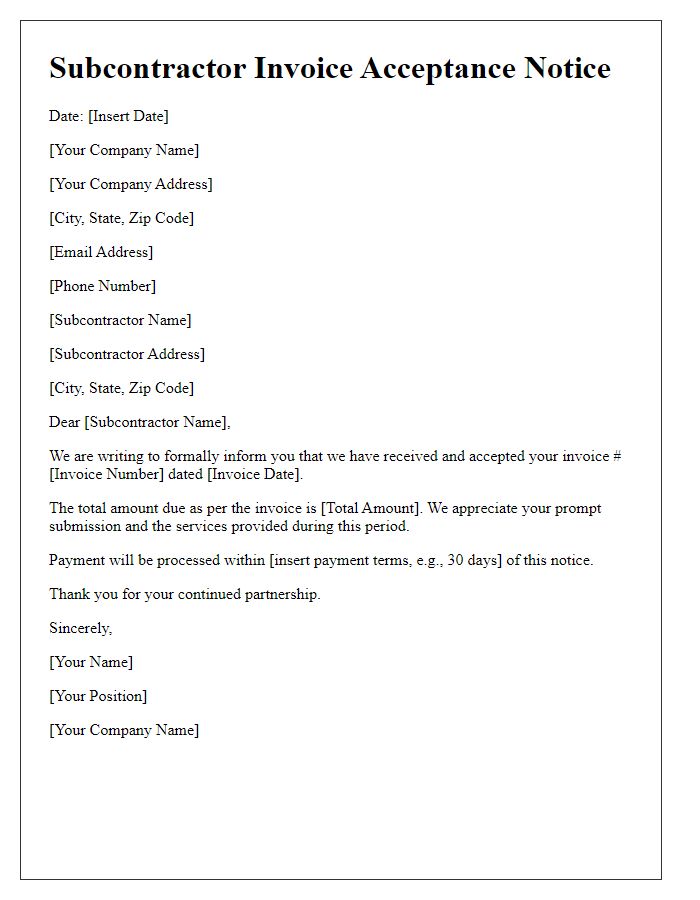 Letter template of subcontractor invoice acceptance notice