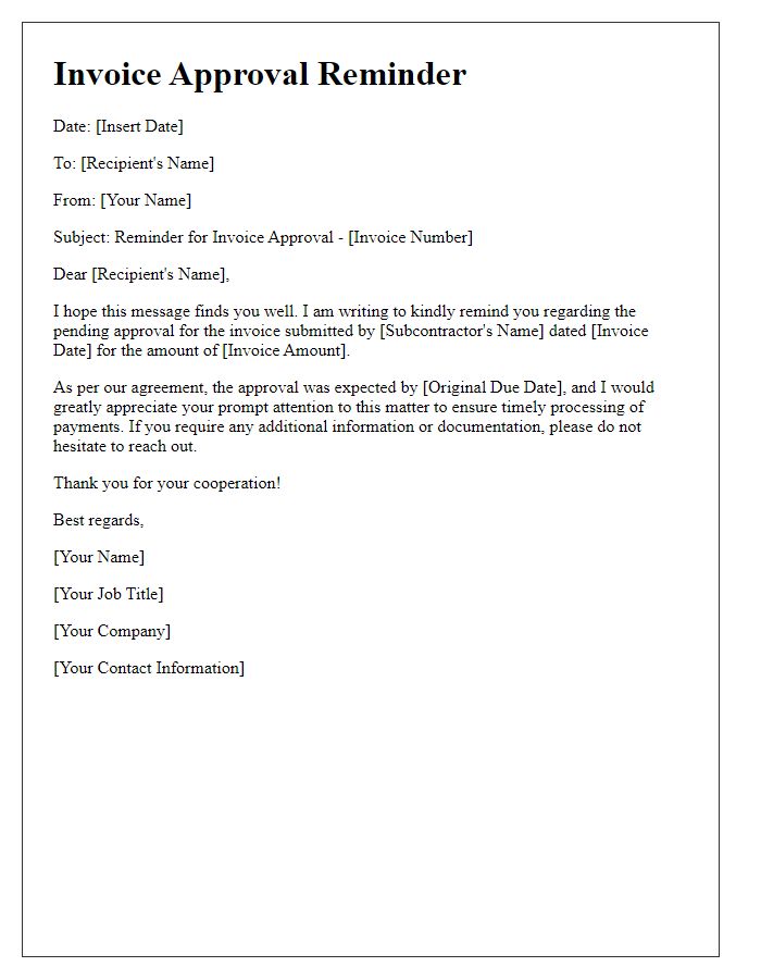 Letter template of subcontractor invoice approval reminder