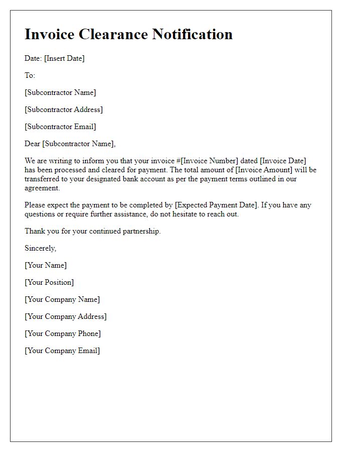 Letter template of subcontractor invoice clearance notification