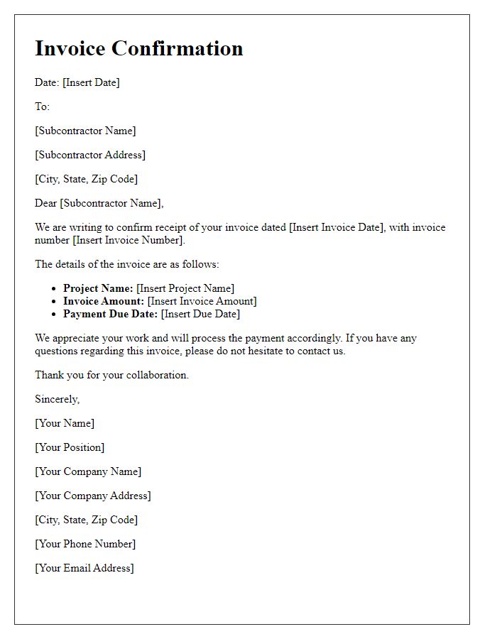 Letter template of subcontractor invoice confirmation