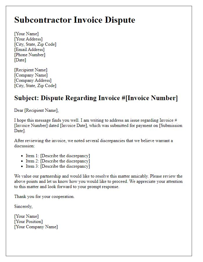 Letter template of subcontractor invoice dispute