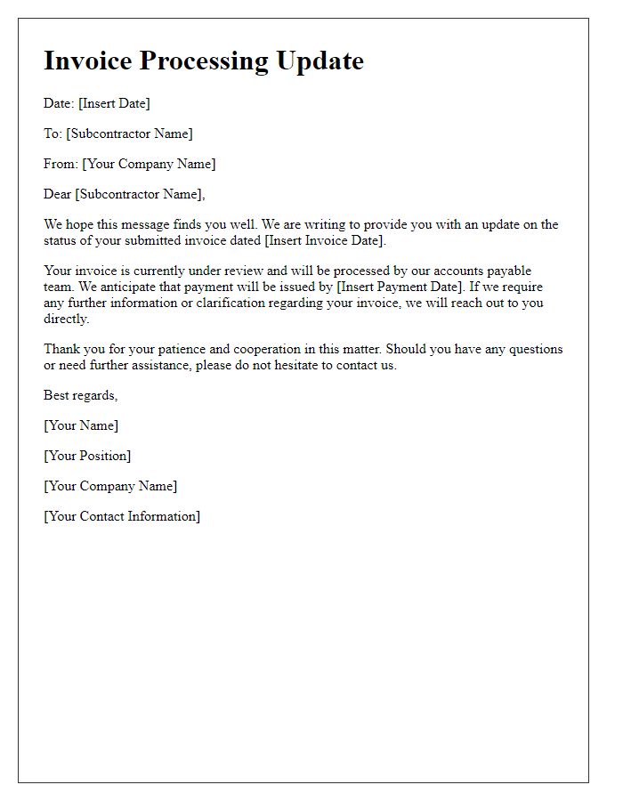 Letter template of subcontractor invoice processing update