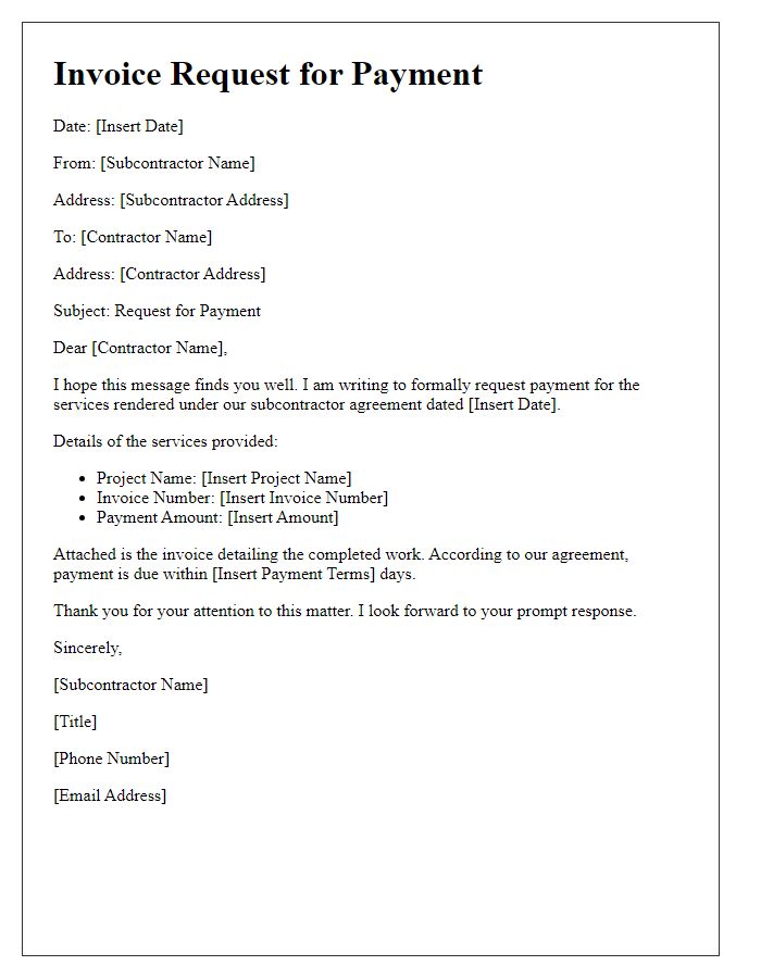 Letter template of subcontractor invoice request for payment