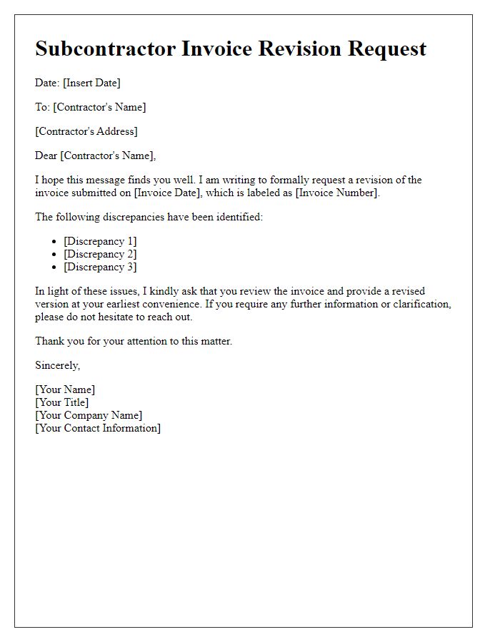 Letter template of subcontractor invoice revision request