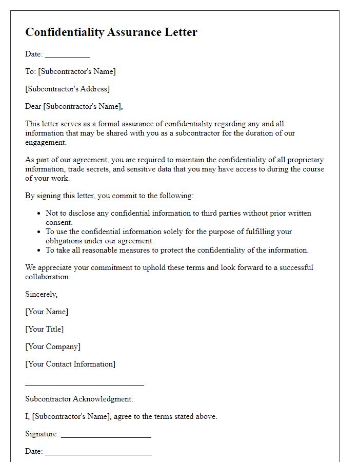 Letter template of confidentiality assurance for subcontractors