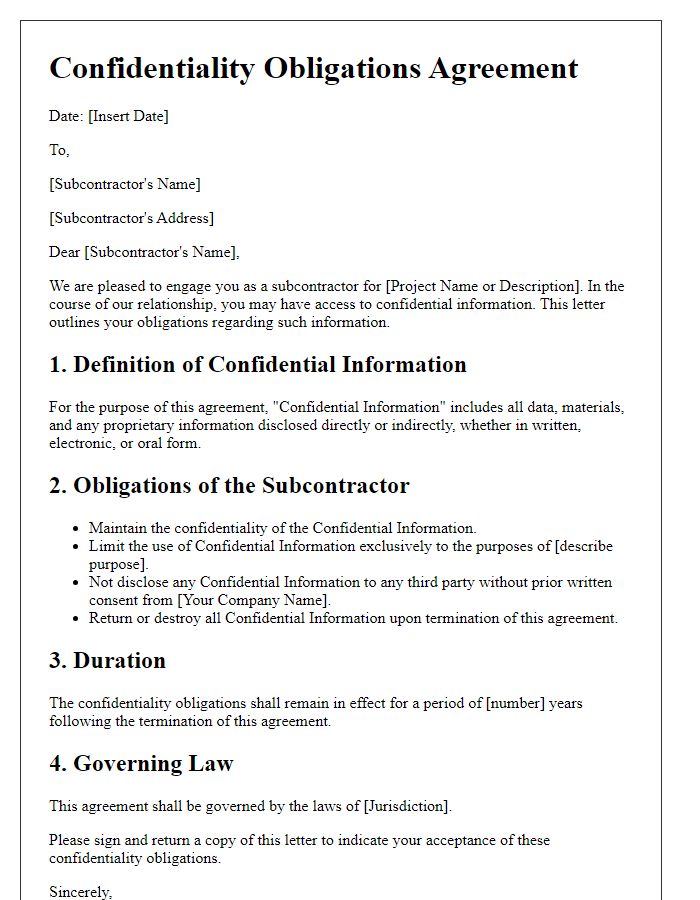 Letter template of confidentiality obligations for subcontractors