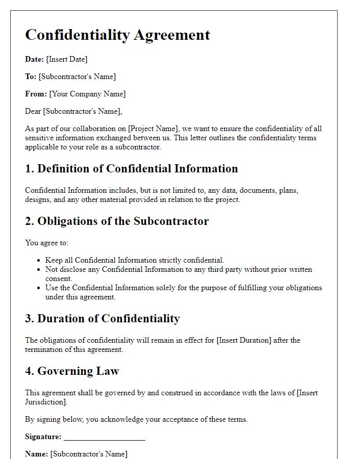 Letter template of confidentiality terms for subcontractors