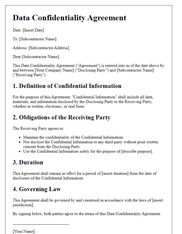 Letter template of subcontractor data confidentiality pact