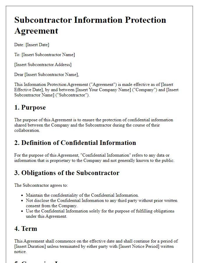 Letter template of subcontractor information protection agreement