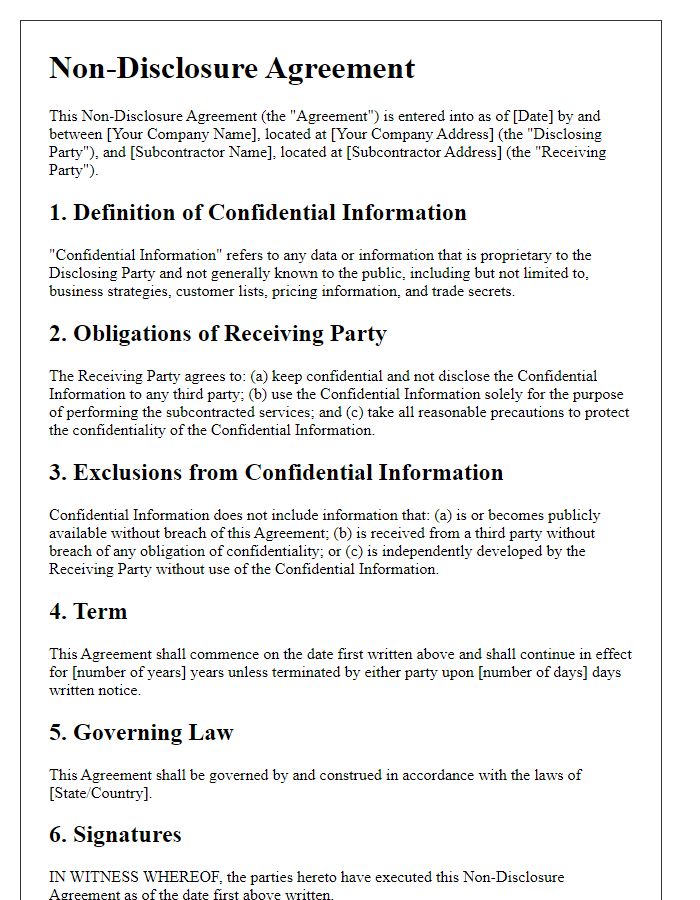 Letter template of subcontractor non-disclosure agreement