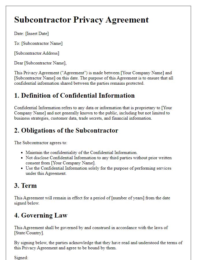 Letter template of subcontractor privacy agreement