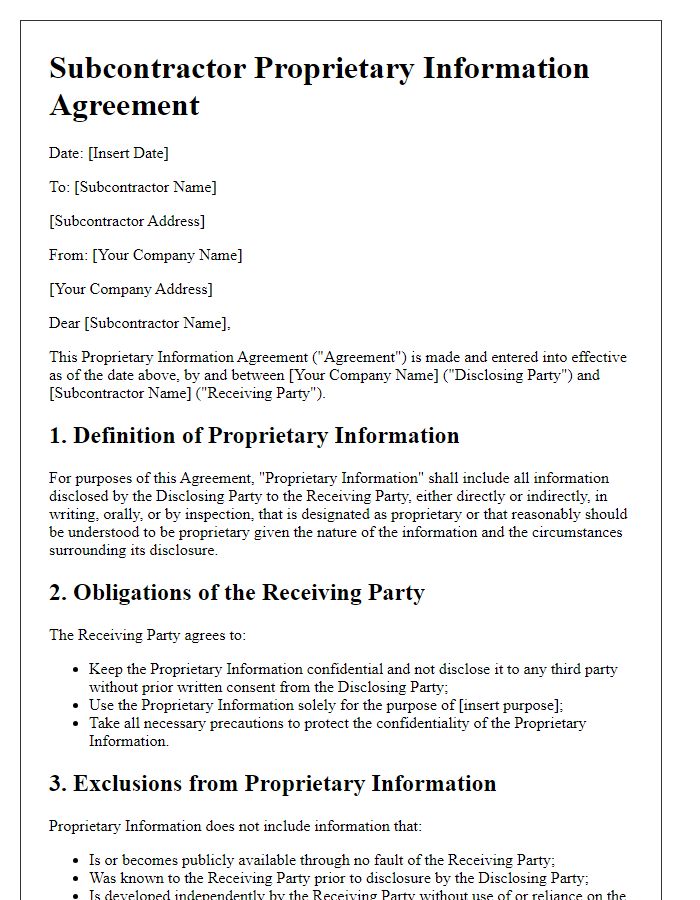 Letter template of subcontractor proprietary information agreement